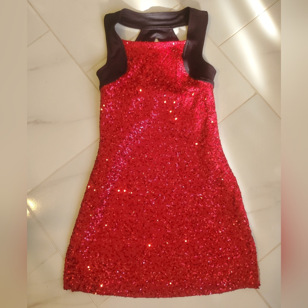 Red Sequin Dress with Black Straps CC Dancewear Cheerleading.com